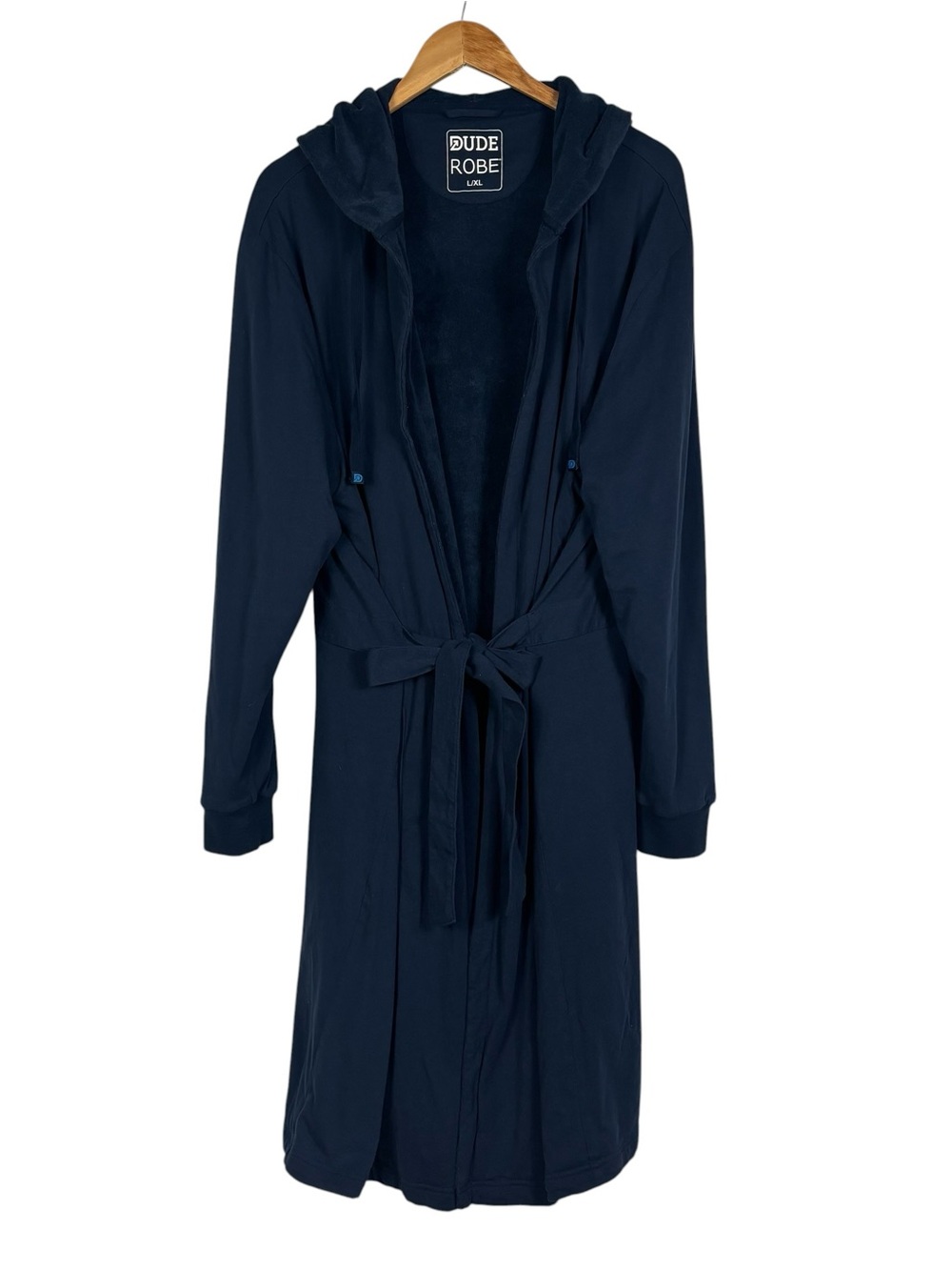DUDE ROBE Men' s L/XL Navy Blue Hood Cotton Terry Cloth Lined Belted Pockets